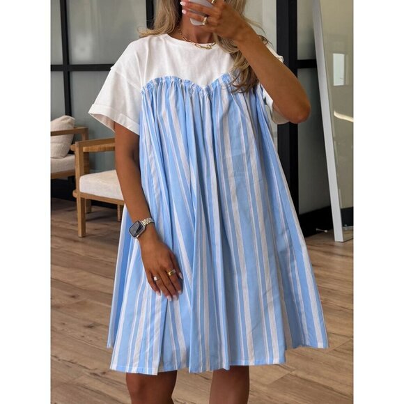 Wishlist Dresses & Skirts - WISHLIST Nordstrom Stripe Twofer Mixed Media Cotton Babydoll Dress in Blue Combo